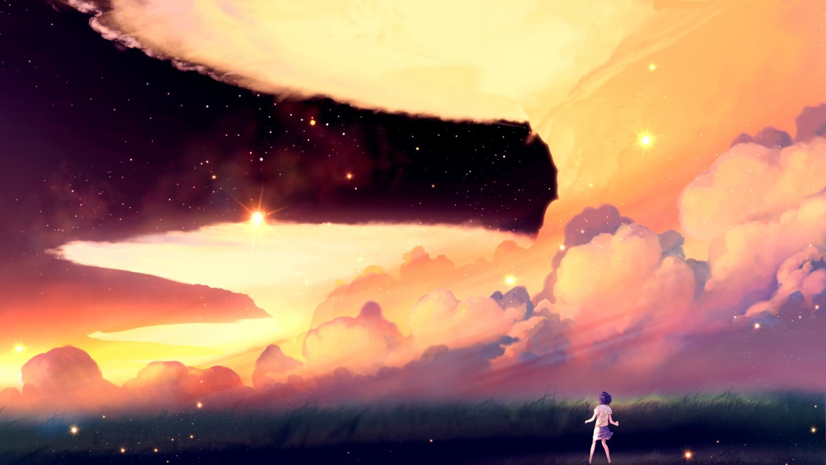 Sunset, clouds, girl, 4k anime wallpapers
