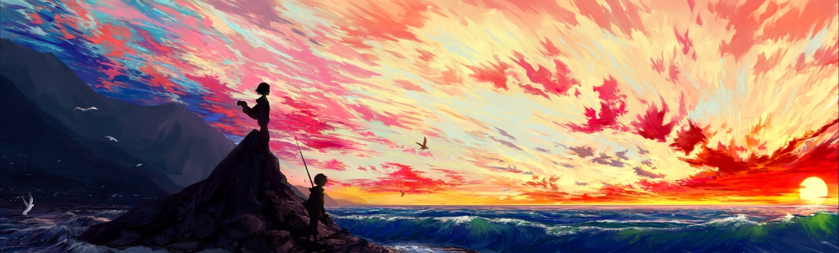 Sunset, sky, clouds, girl, boy