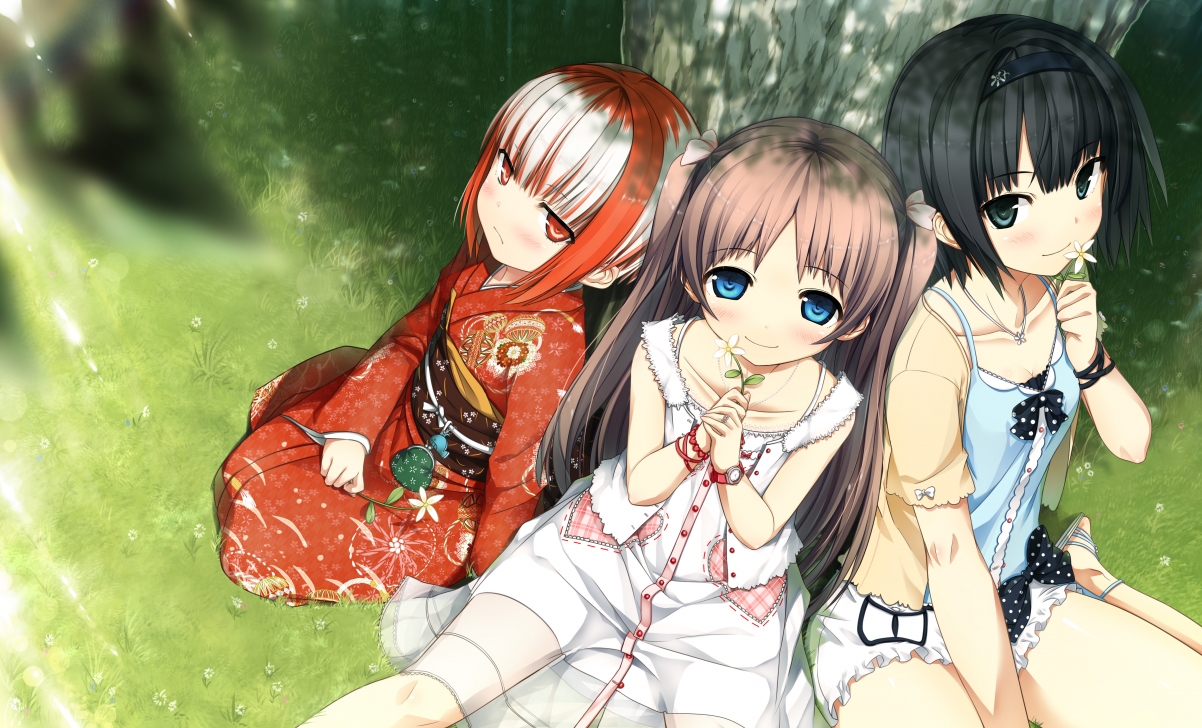 Three cute anime girls in Japanese kimono
