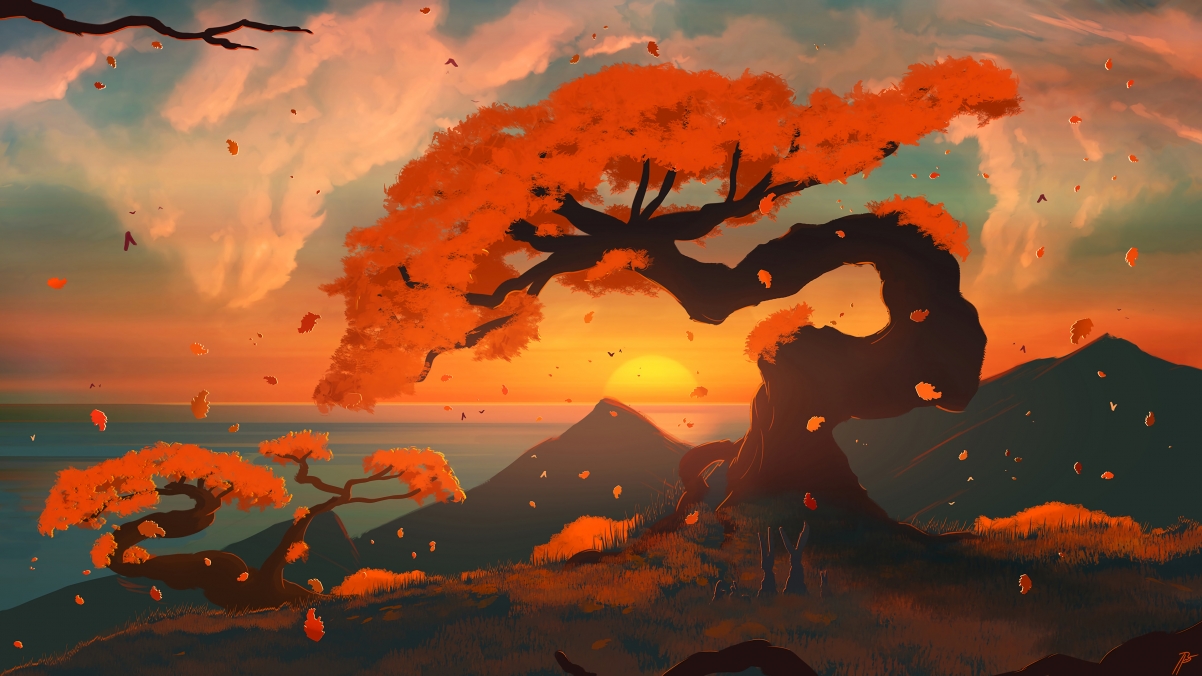 Autumn mountain leaves sunset sea