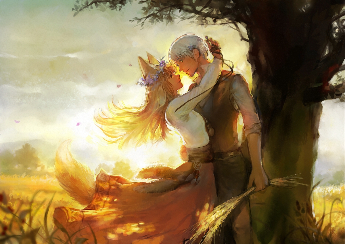 Couple love under the wheat ear tree in autumn