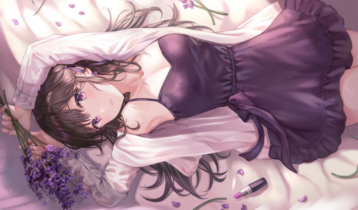 Pretty girl in bed supine nightdress