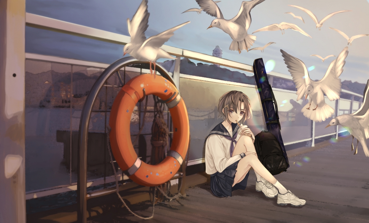 Schoolgirl school uniform backpack with milk tea