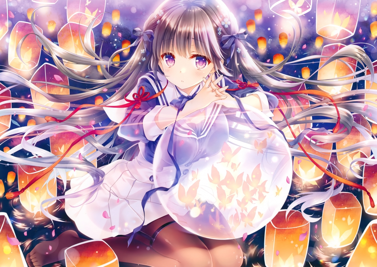 Girl school uniform with purple eyes and long hair