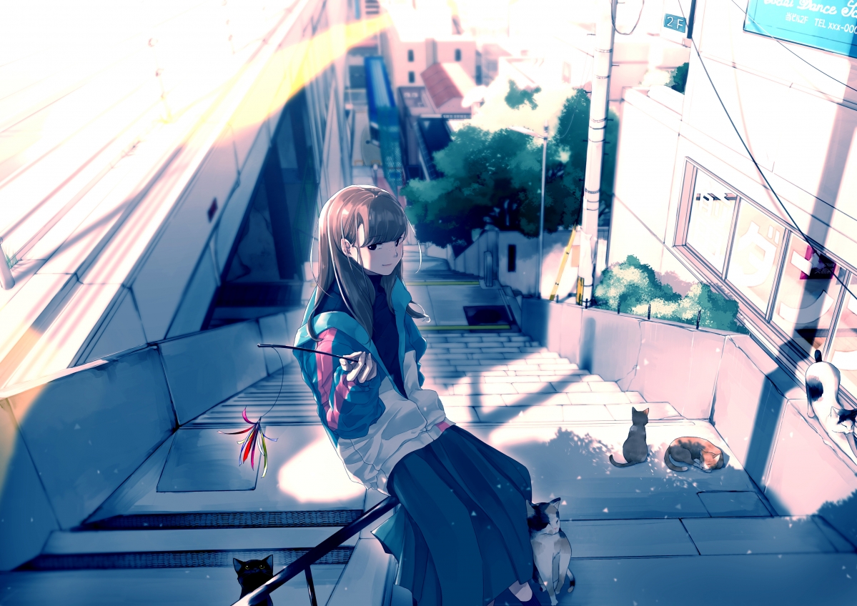 Girl and cat ladder 4k anime style
