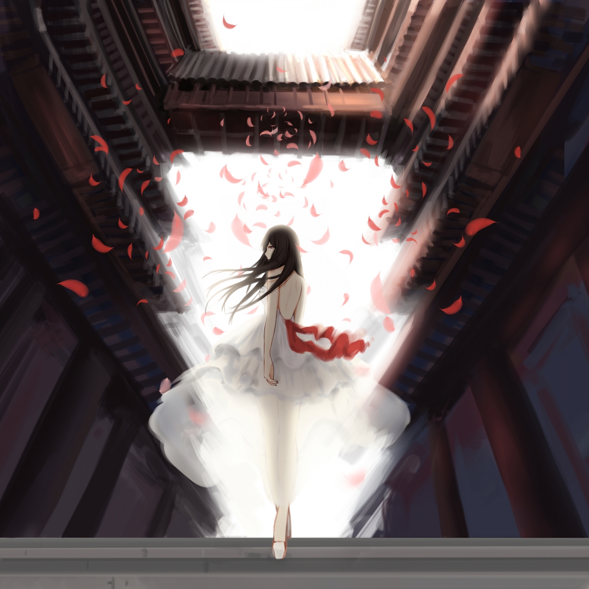 Female growing hair white skirt petals