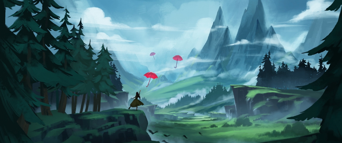 Woman umbrella illustration landscape mountain