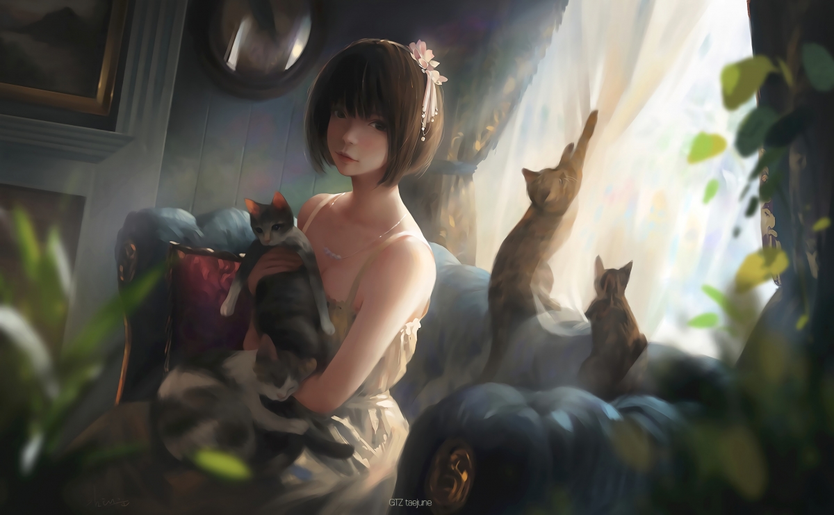 Girl short hair cat room 4k