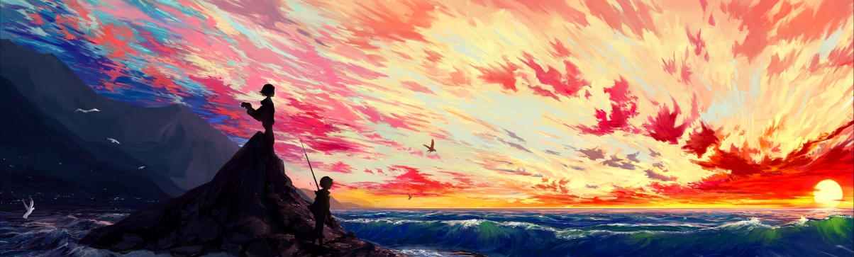 Girl boy seaside view scenery time