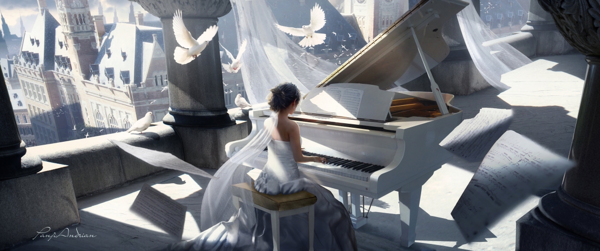 Girl playing piano painting 3440x1440 moving
