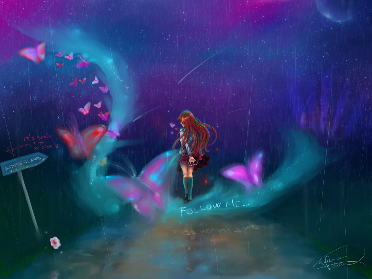 Girl, stars, butterfly, night, moving