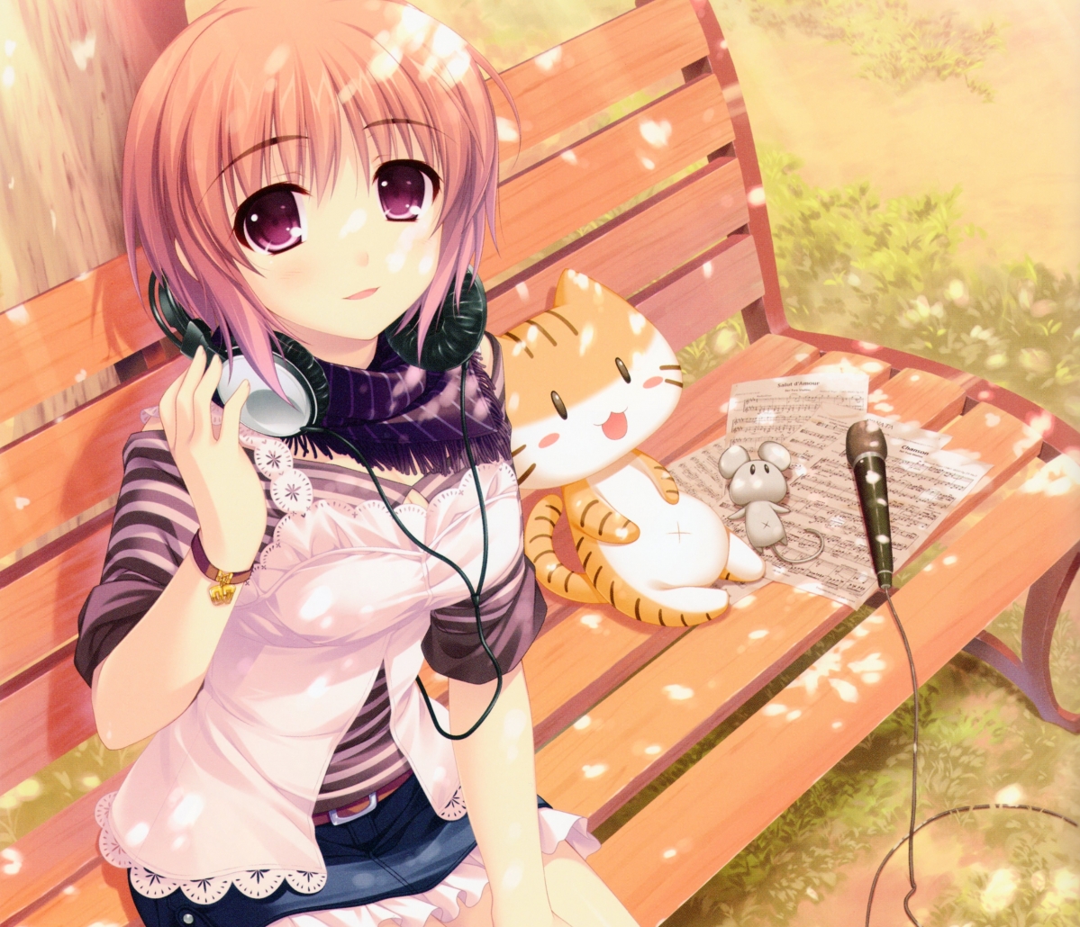 Girl, kitten, chair, music, wheat