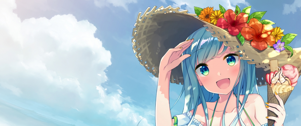 Girl, hat, flowers, ice cream,