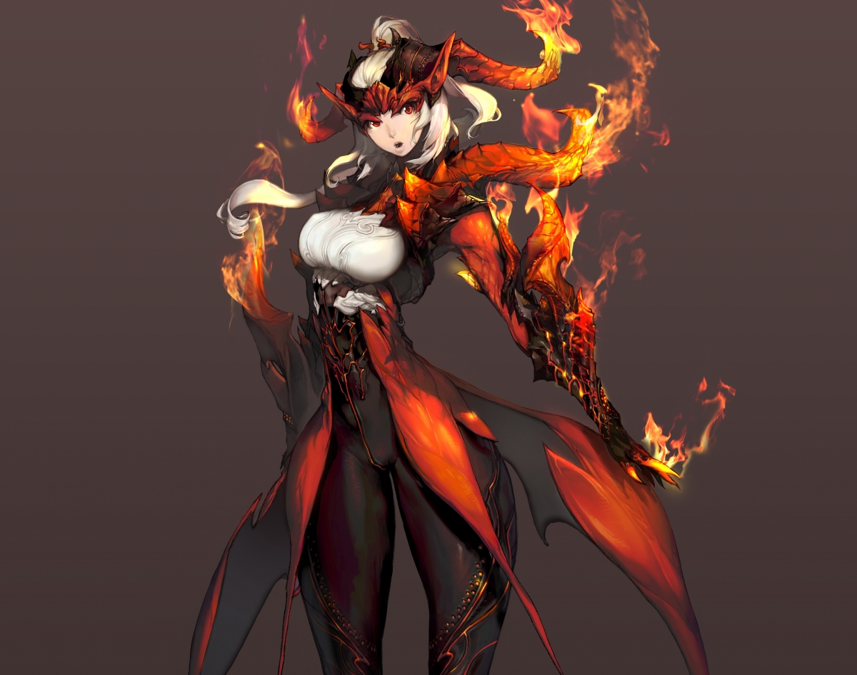 Girl, fire, magic, art, horns, head