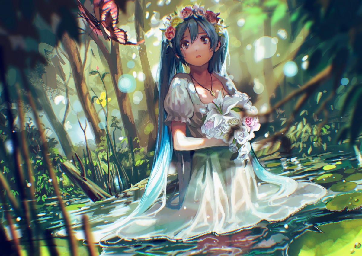 Girl tears flowers wreath at the beginning