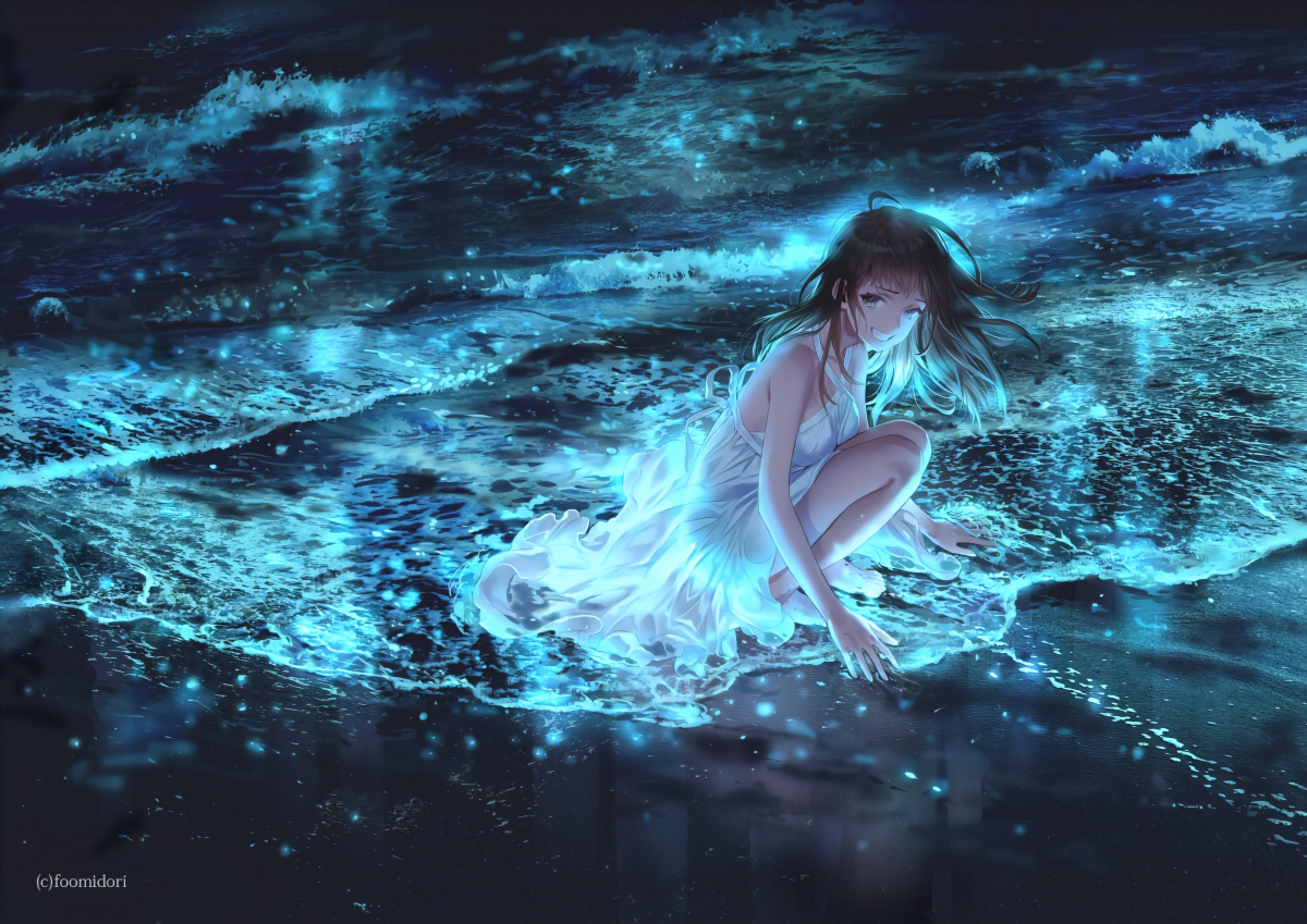 Girl smiling squatting on the water coast