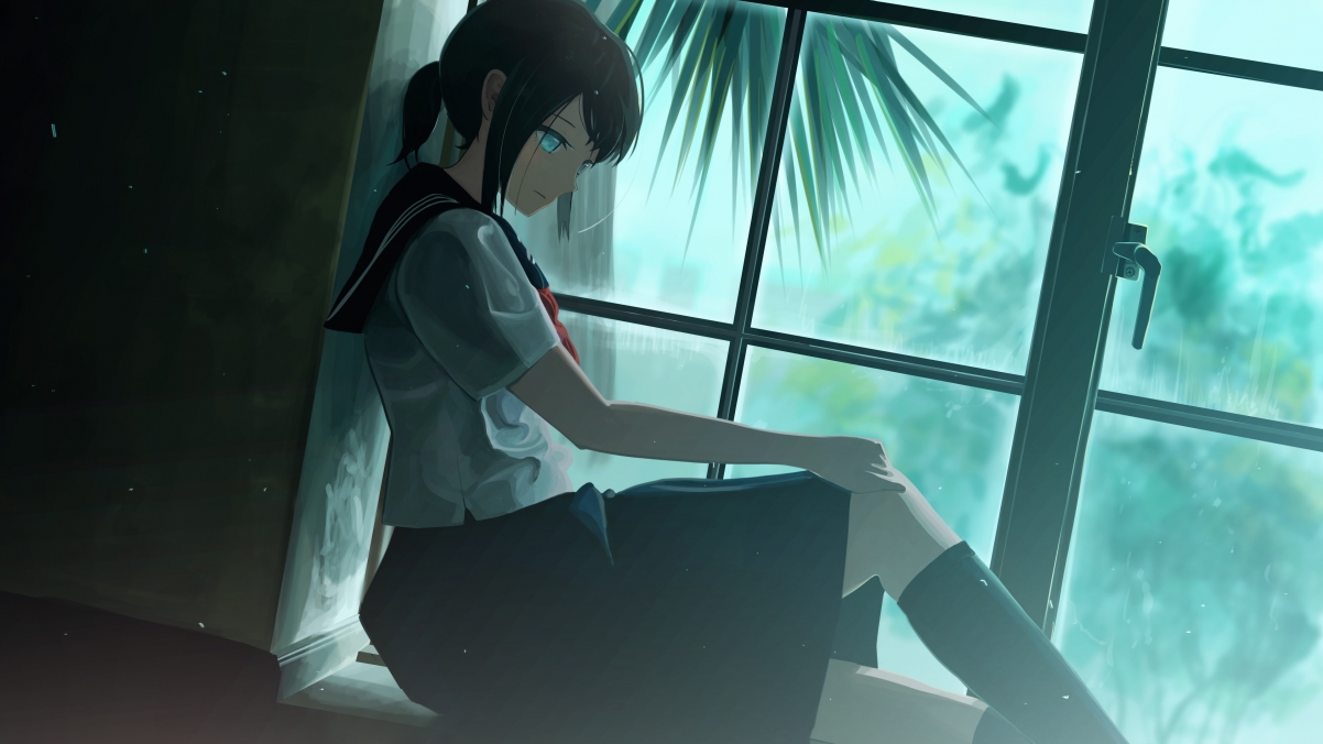 Girl sailor suit window 4k anime wall
