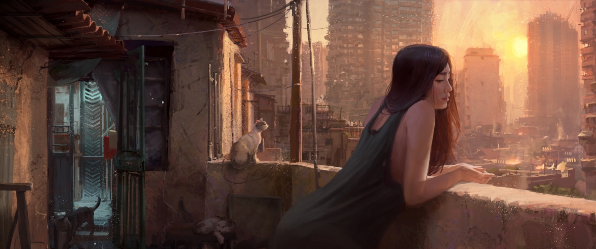 Girl cat city balcony illustration