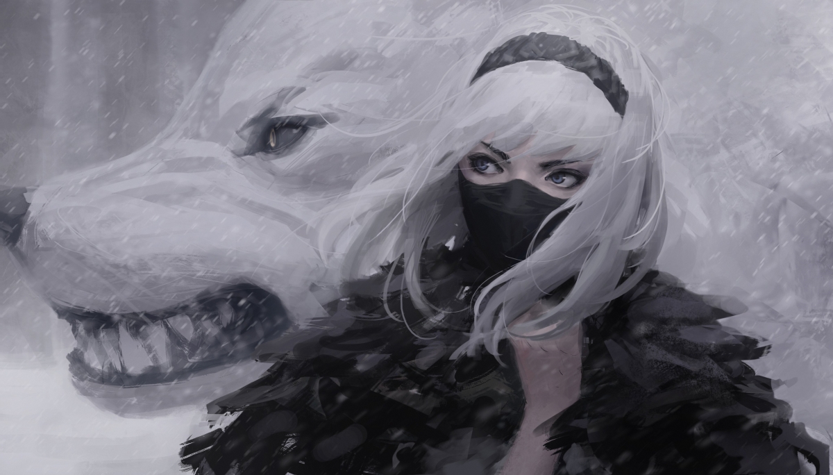 Girl wolf snow winter painting 4k