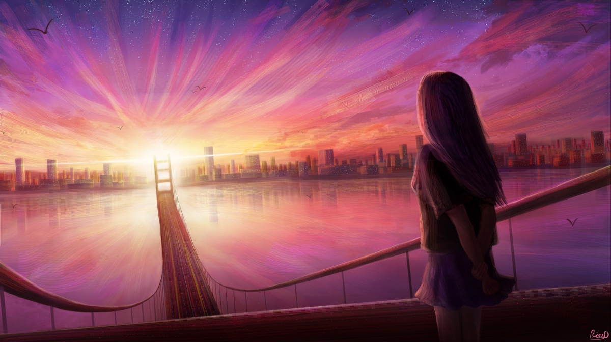 Girl longing for the city bridge sunset