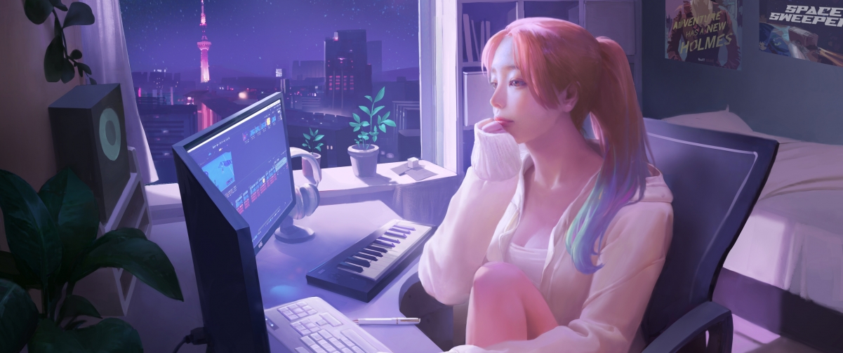 Girl listening to music on computer