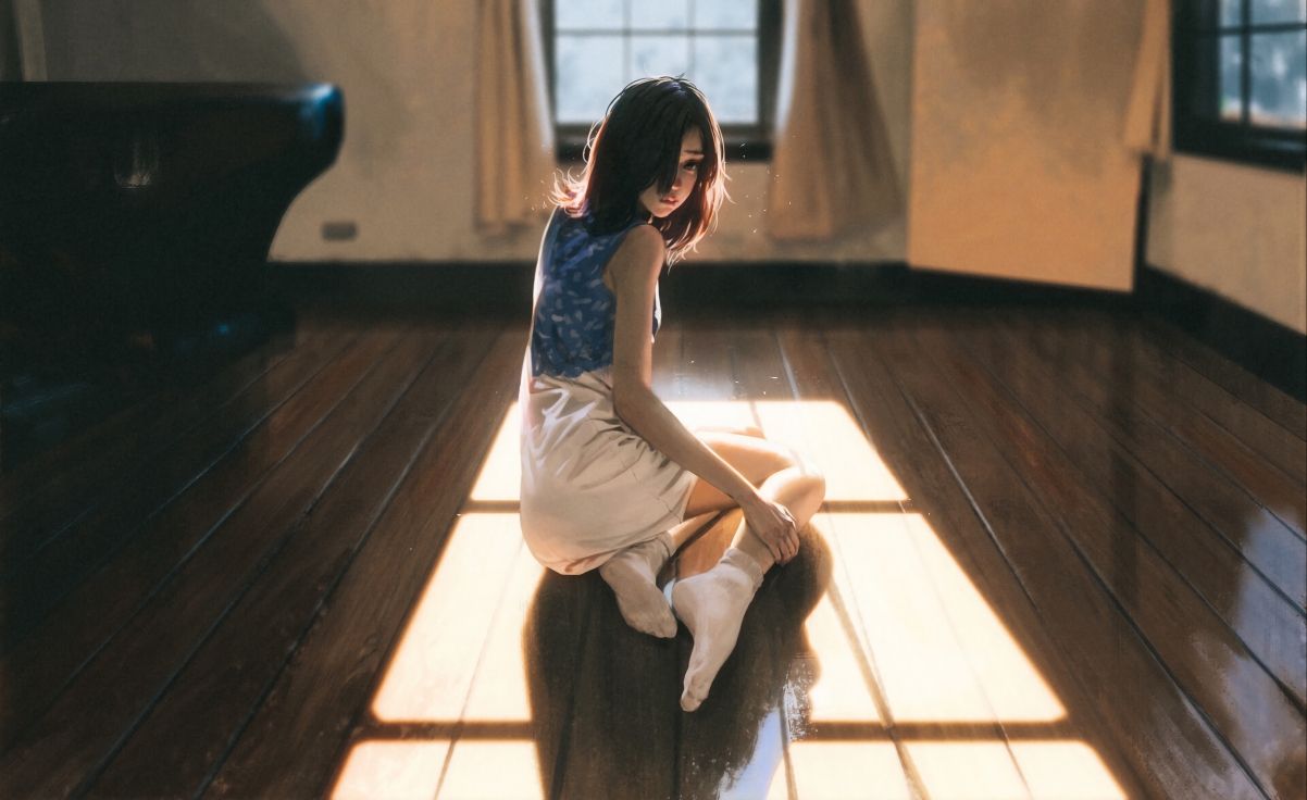 Girl sitting sideways on wooden floor in room