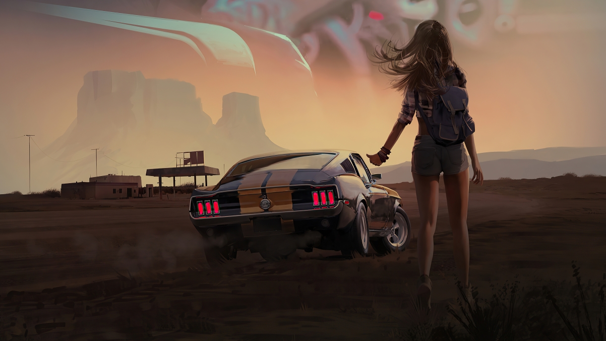 Girl back view car 4k anime wall