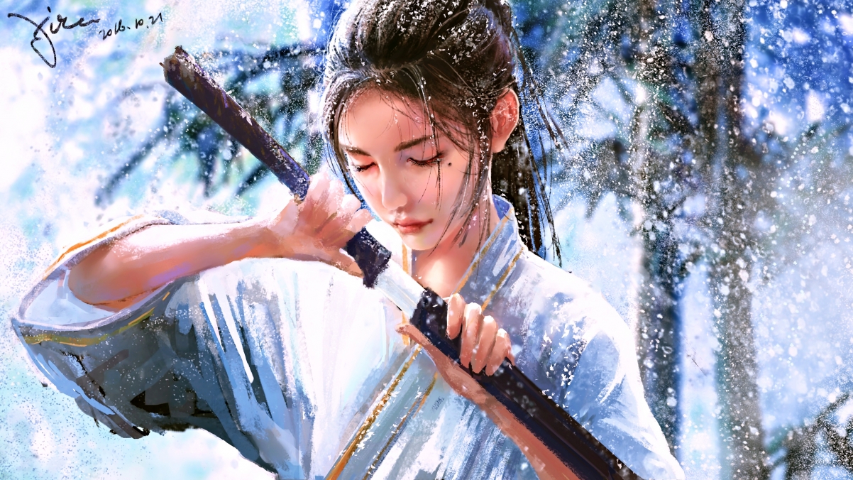 Girl sword samurai snow 4k action