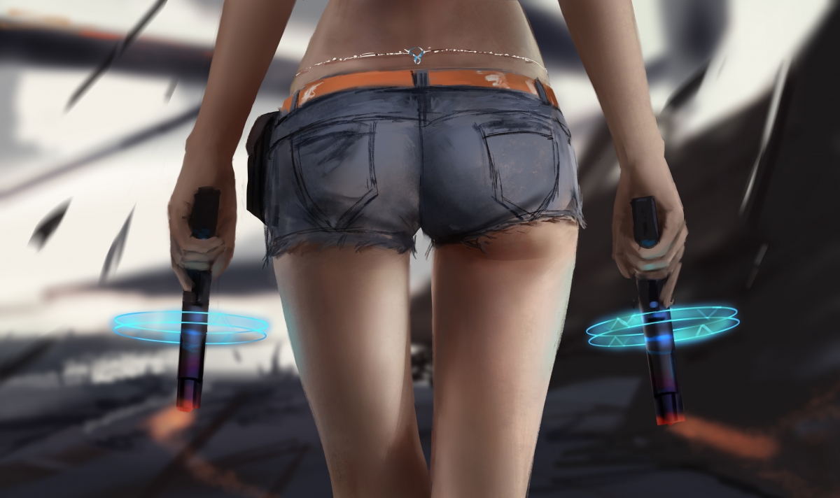 Denim shorts long-legged girl with double gun