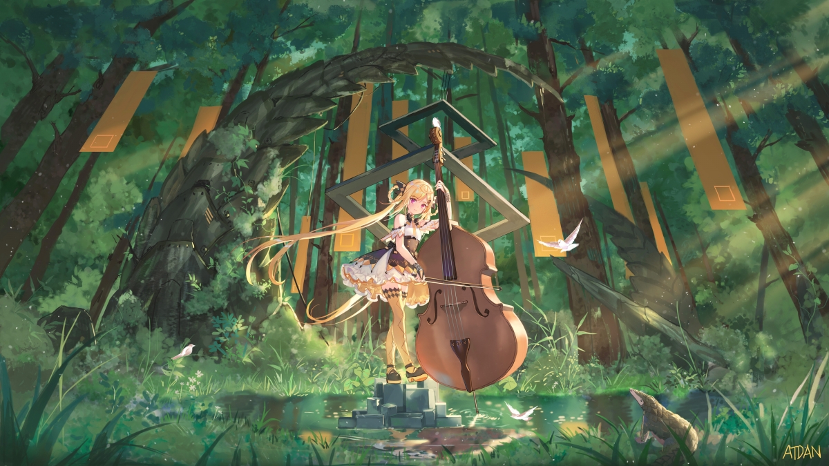 Girl forest with violin
