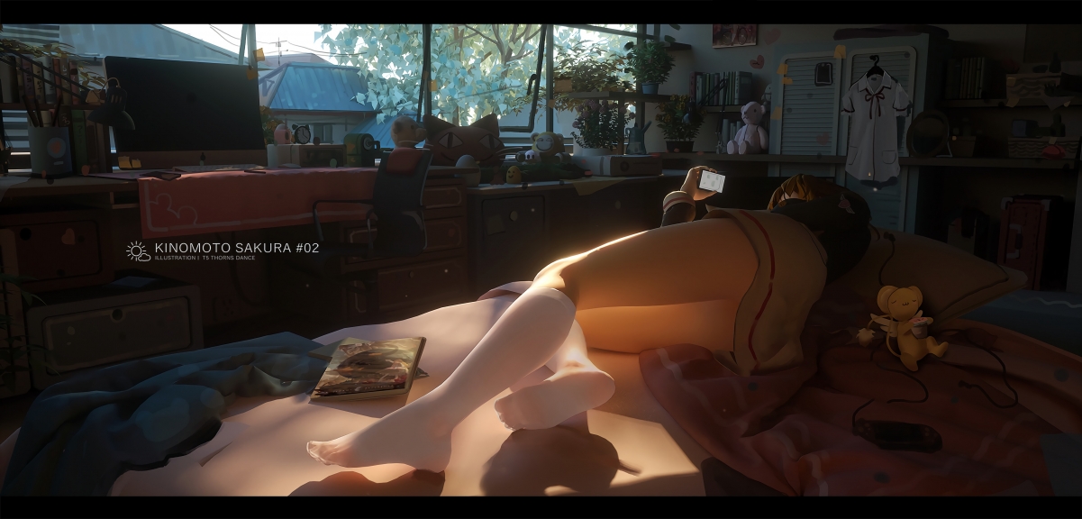 Magic card girl sakura beauty girl bed hand