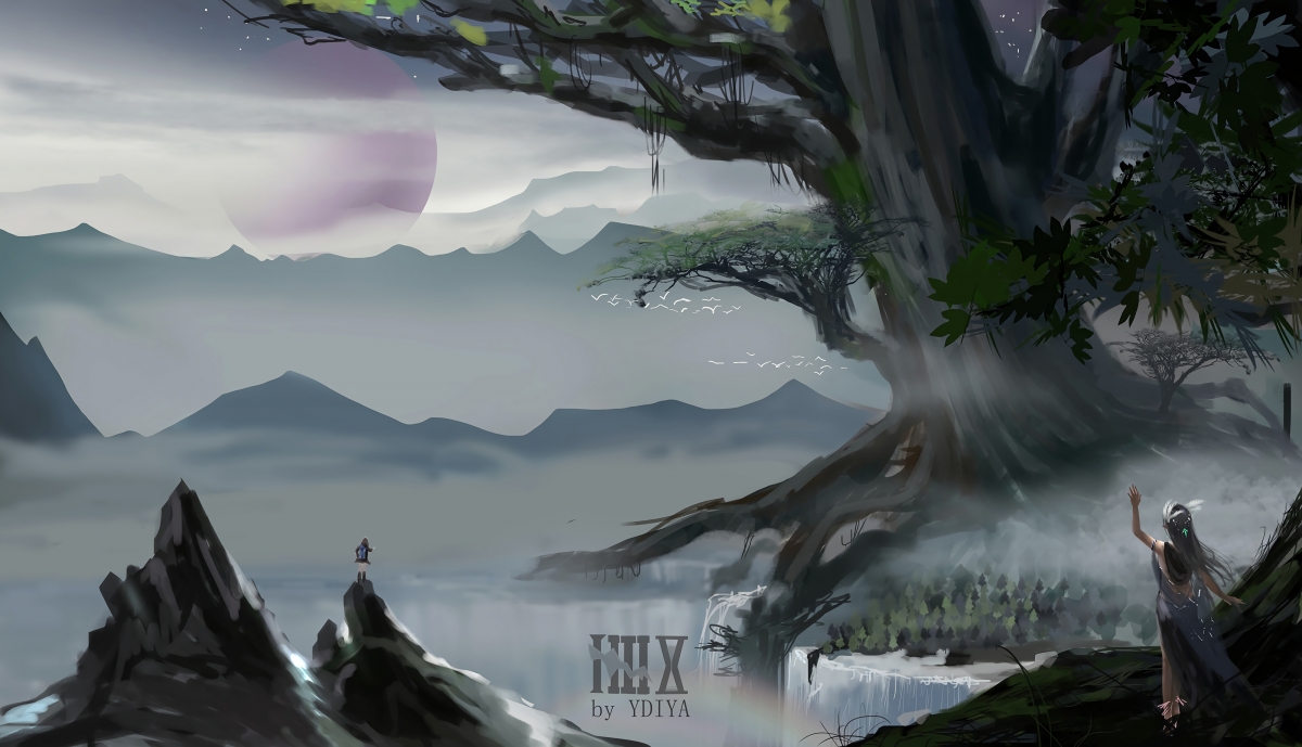 Beautiful landscape scenery girl back view