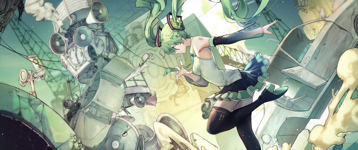 Green hair mini skirt and black stockings