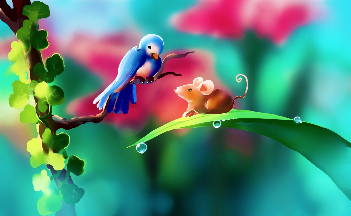 Green plants, water drops, birds, mice