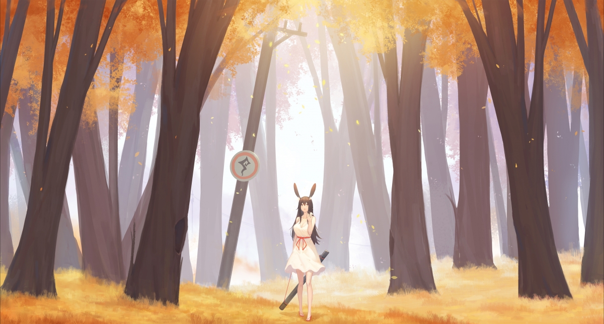 Fallen leaves girl scenery animal ears