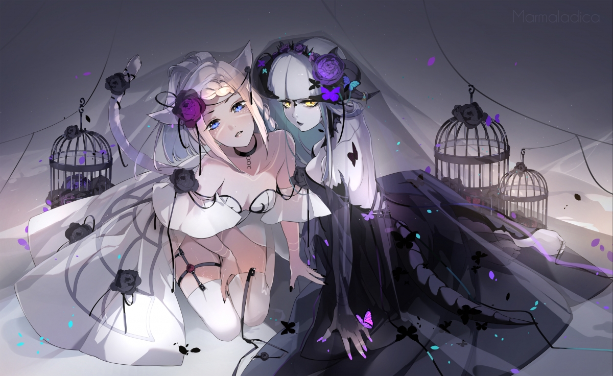 Cage butterfly two girls flower