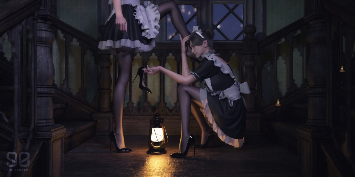 Two maid maid outfits in black pantyhose