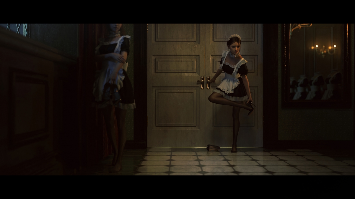 Two maids with beautiful legs in black pantyhose