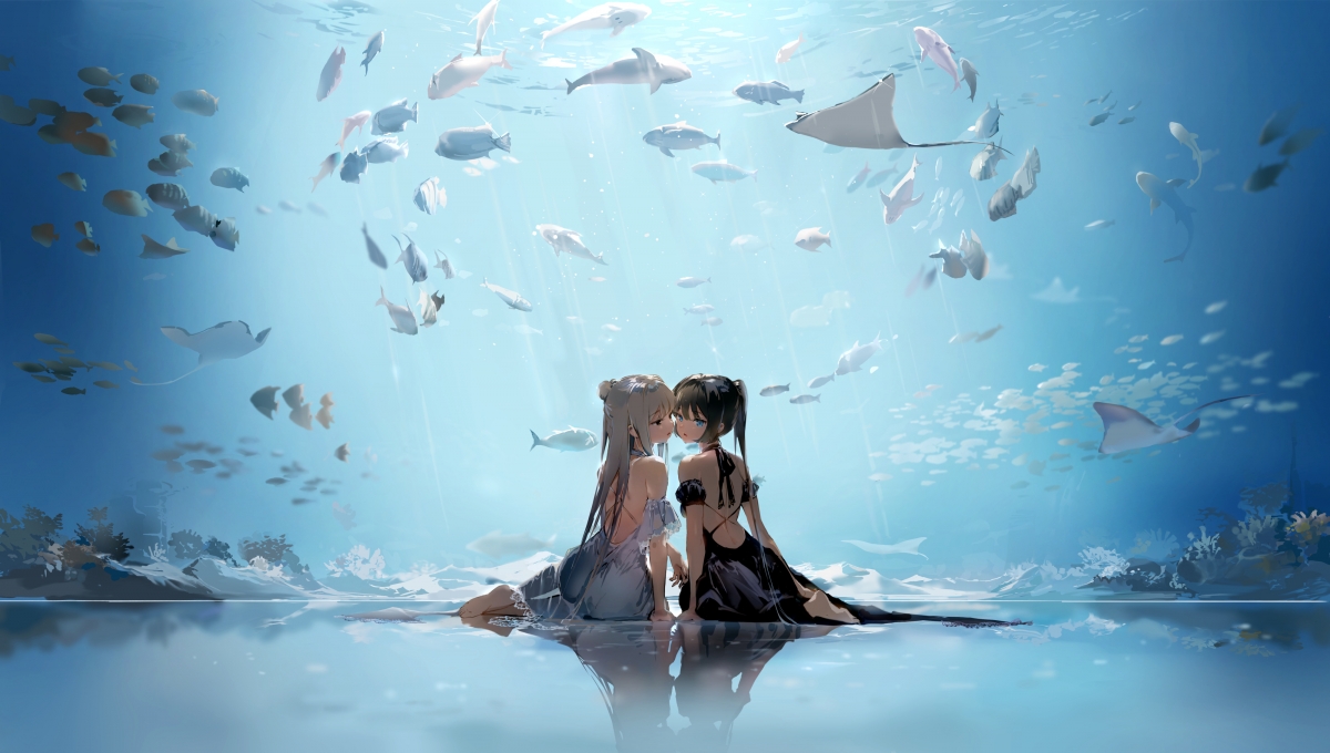 Two girls fish aquarium prime