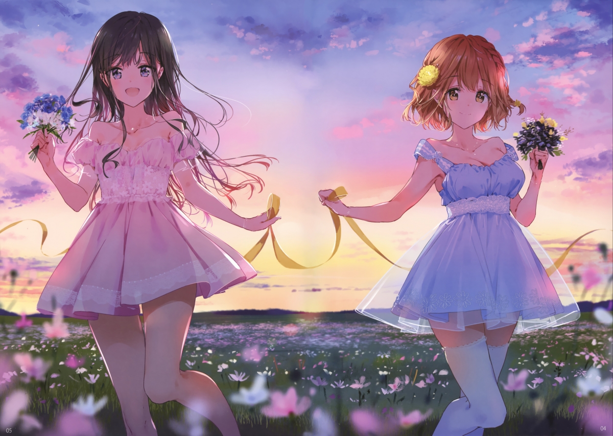 Two girls skirt flowers sky