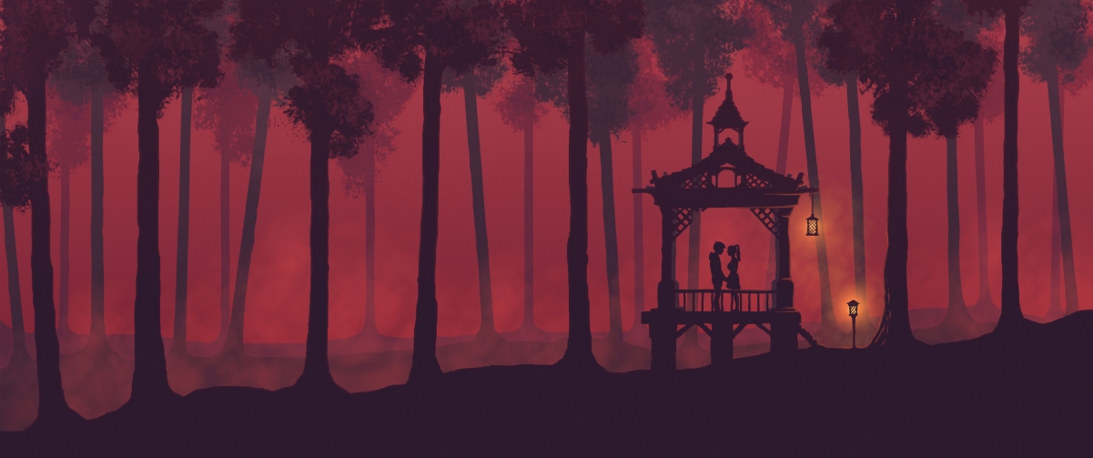 Romantic red forest 3440x144