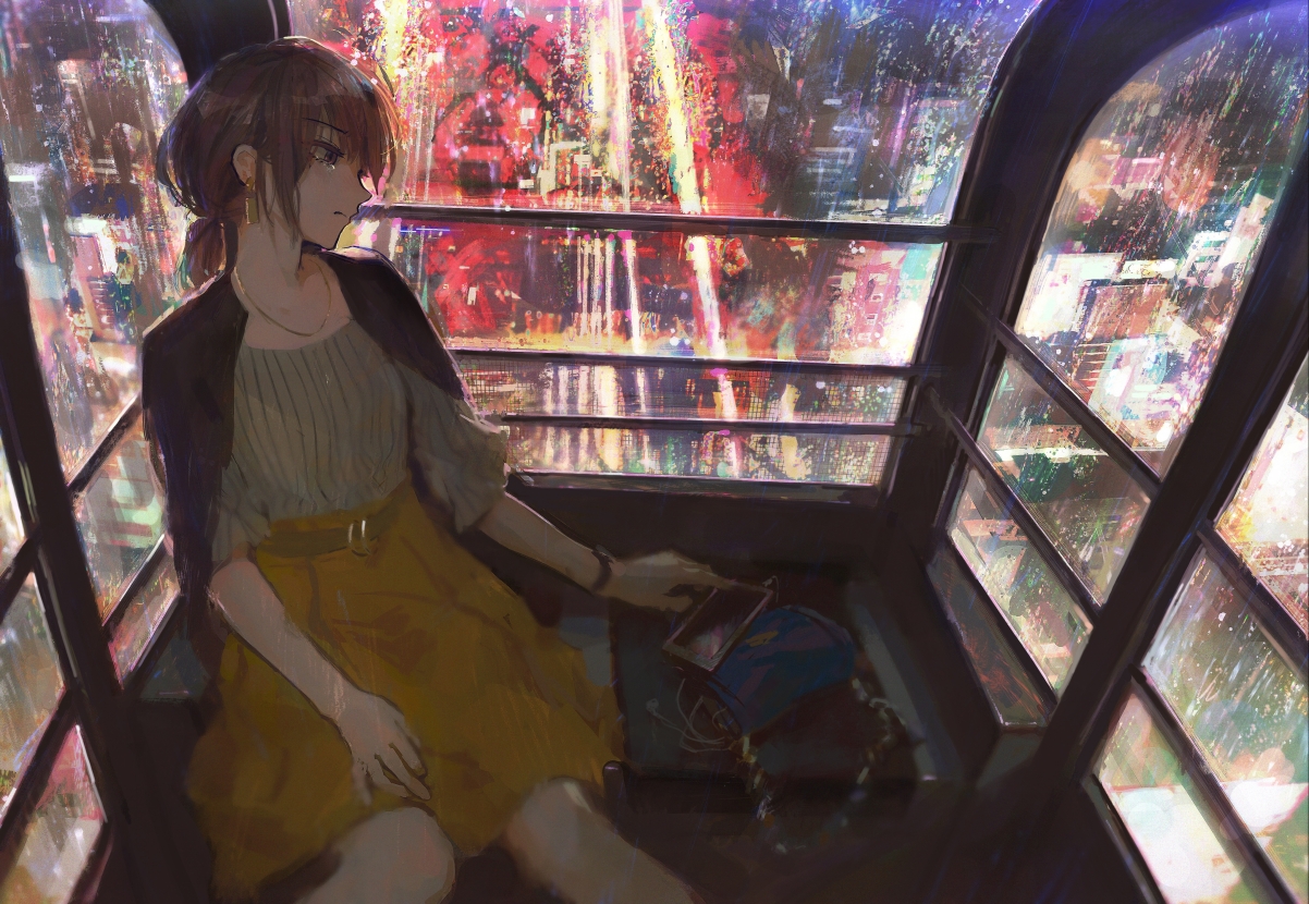 Cable car, urban night view, girl