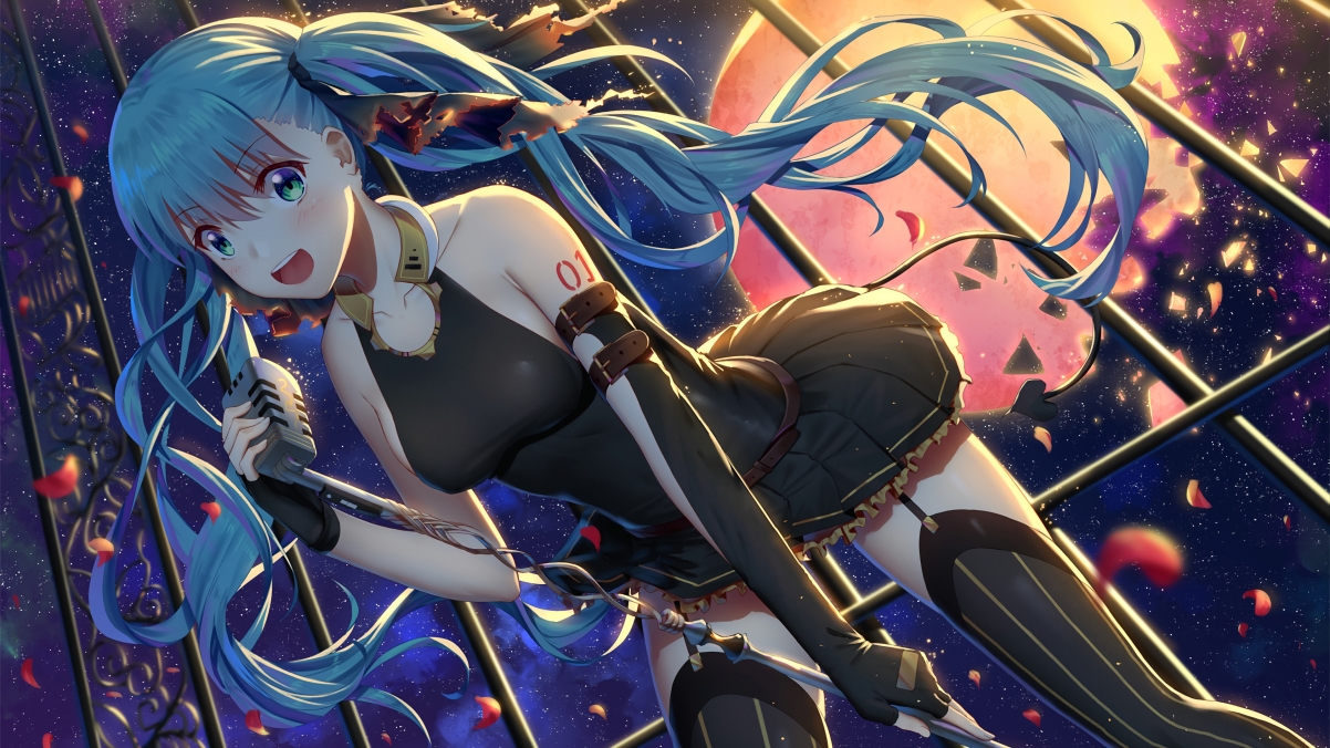 Beautiful girl with blue long hair and black short skirt