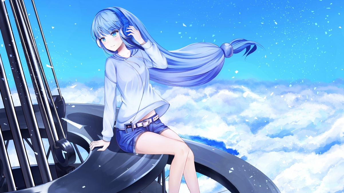 Girl with long hair and blue sky landscape