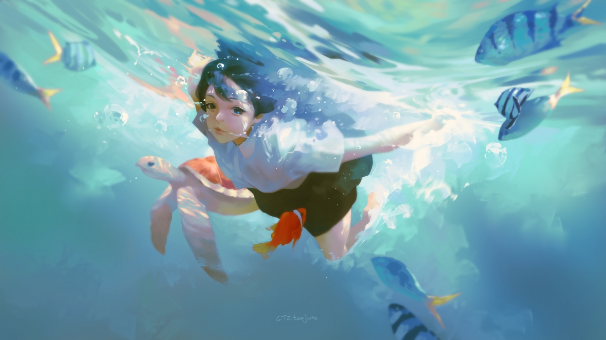 Underwater girl turtle in blue sea water