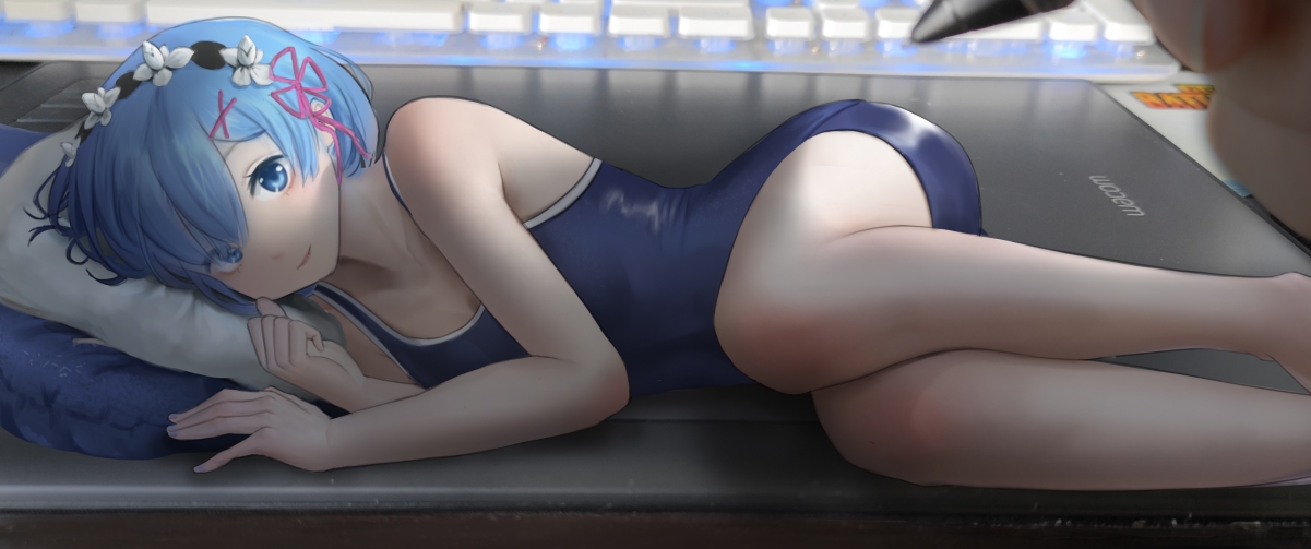 Blue short hair girl swimsuit computer