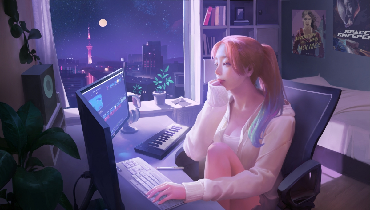 Cute girl computer listening to music late