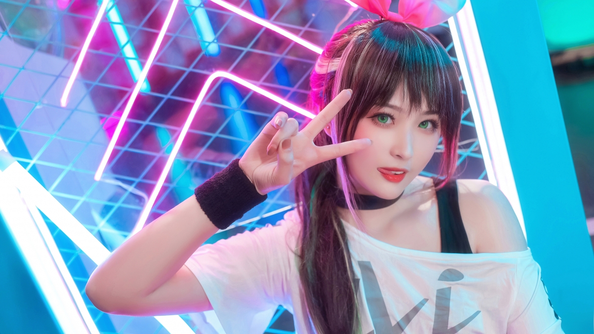 Cute sci-fi girl v-sign gesture cut