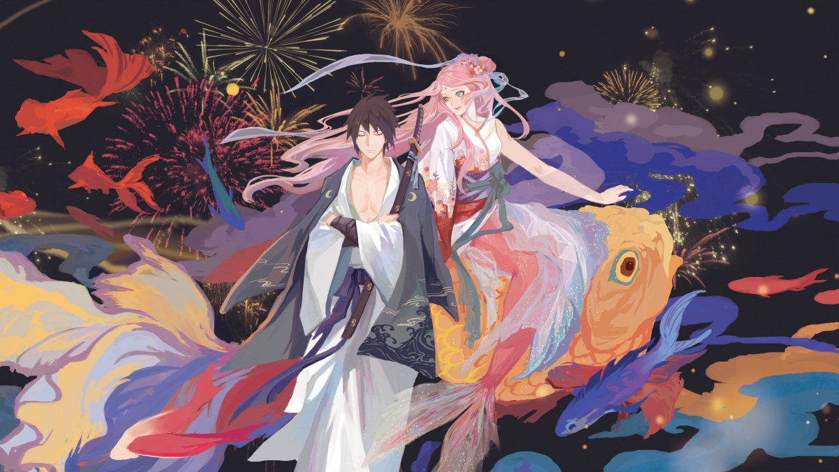 Goldfish Fireworks 4k Anime Wallpaper