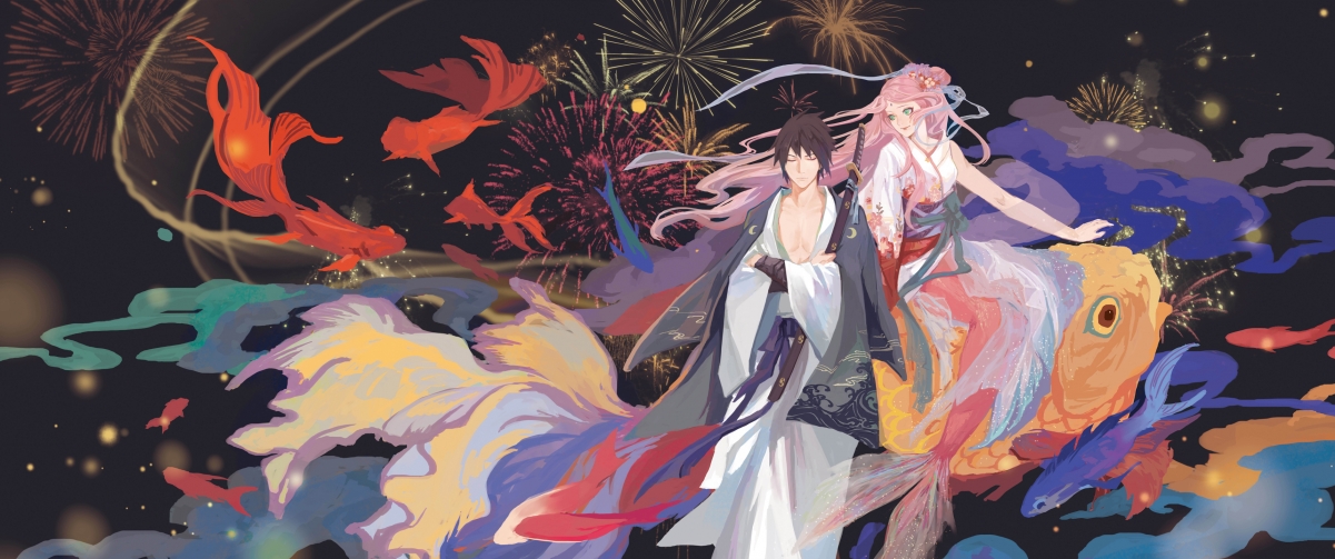 Goldfish firework 3440x1440 with fish screen